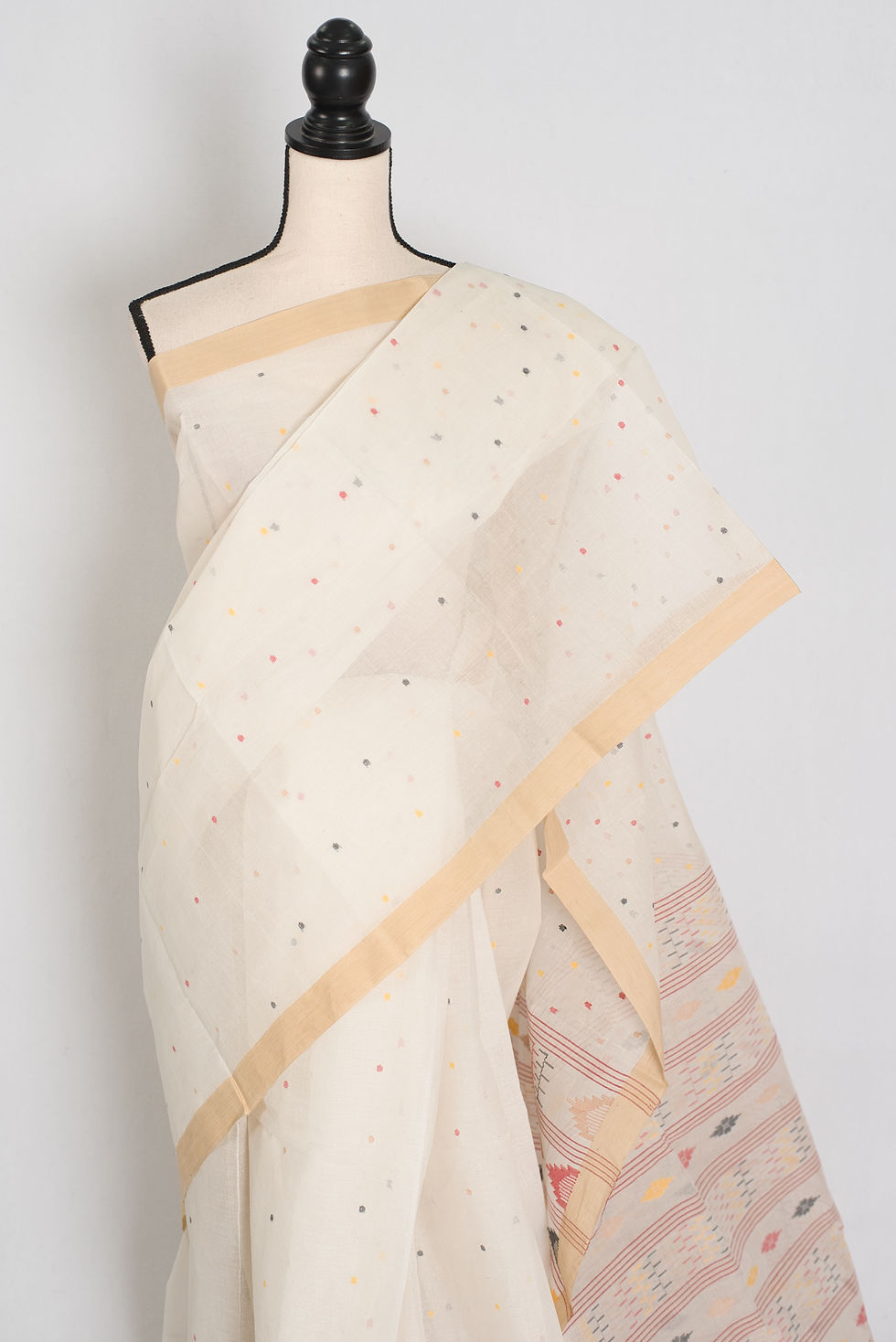 Thumbnail: Off-white Bengal handloom cotton saree with red, yellow, and green polka dot Jamdani motifs. Pure cotton Tant saree.