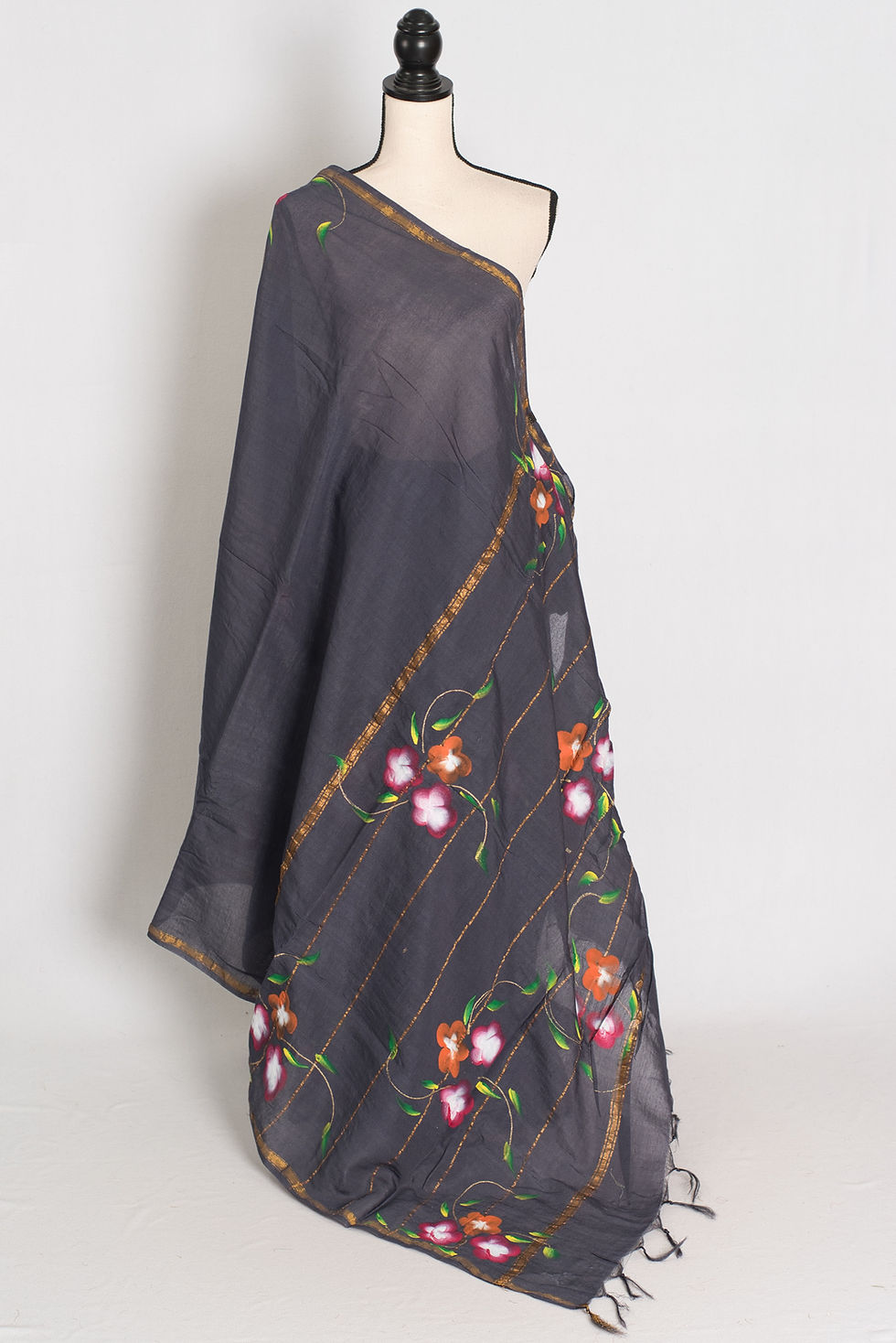 Rama-Dark-Grey-Gold-Handpainted-Chanderi-Cotton-Saree-Indian-Wear