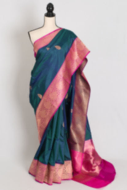 Jaya : Certified Silk Banarasi Saree in Peacock Green and Pink