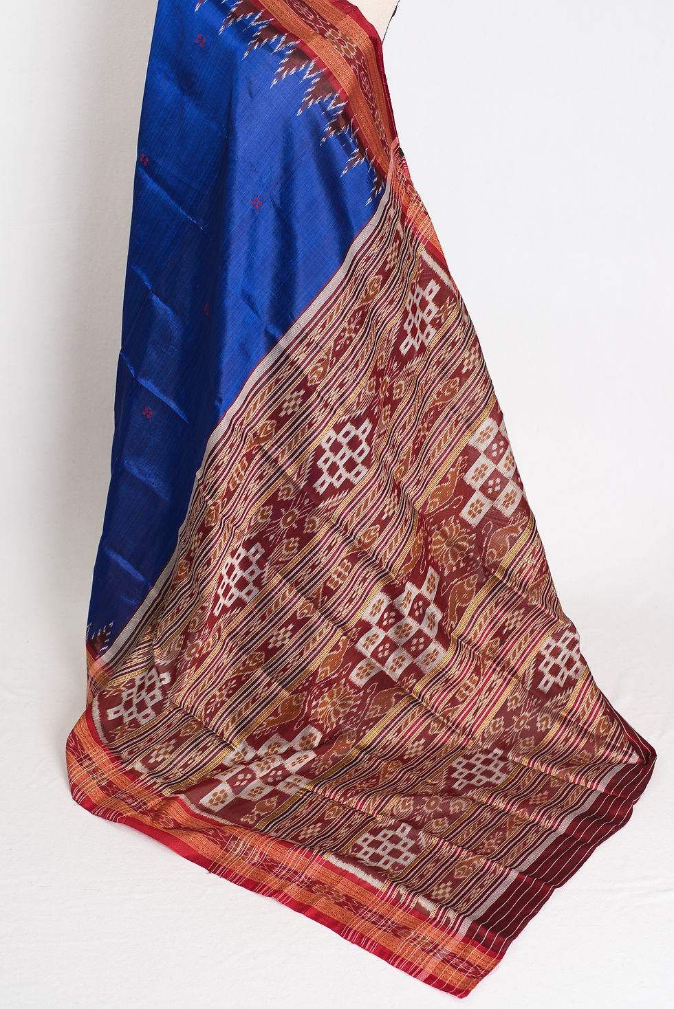 Thumbnail: Silk Mark Certified Blue and Red Khandua Silk Saree from Odisha with Traditional Handwoven Ikat Patterns.