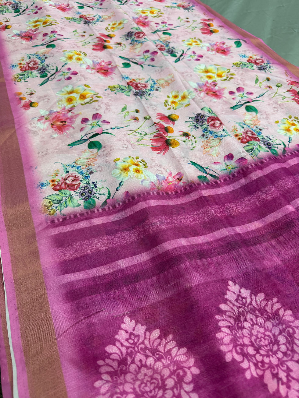 Flora collection: Pink and Purple floral printed semi tussar saree, lightweight and budget-friendly, including blouse piece.