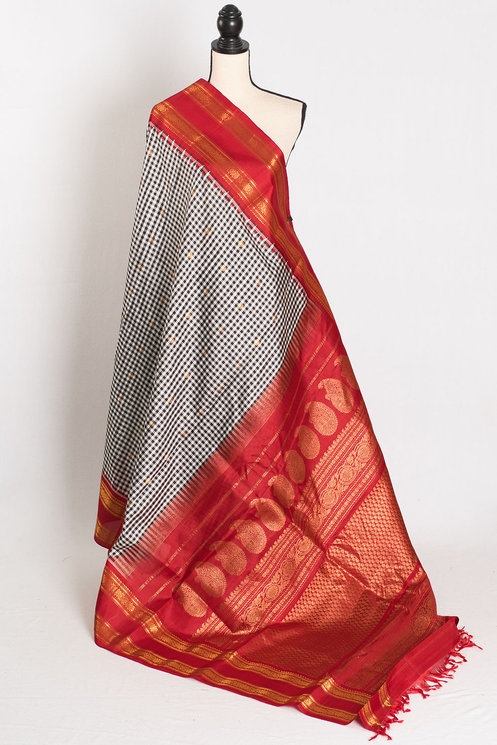 Parvati black and white micro check Gadwal silk saree with red contrast Kanji border.