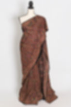 Black georgette partywear saree beautifully draped on a mannequin, showcasing Kashmiri machine embroidery jaal.