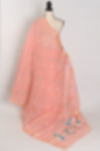 Katha peach pure cotton Bengal Jamdani saree featuring a natural gold Tussar silk border.