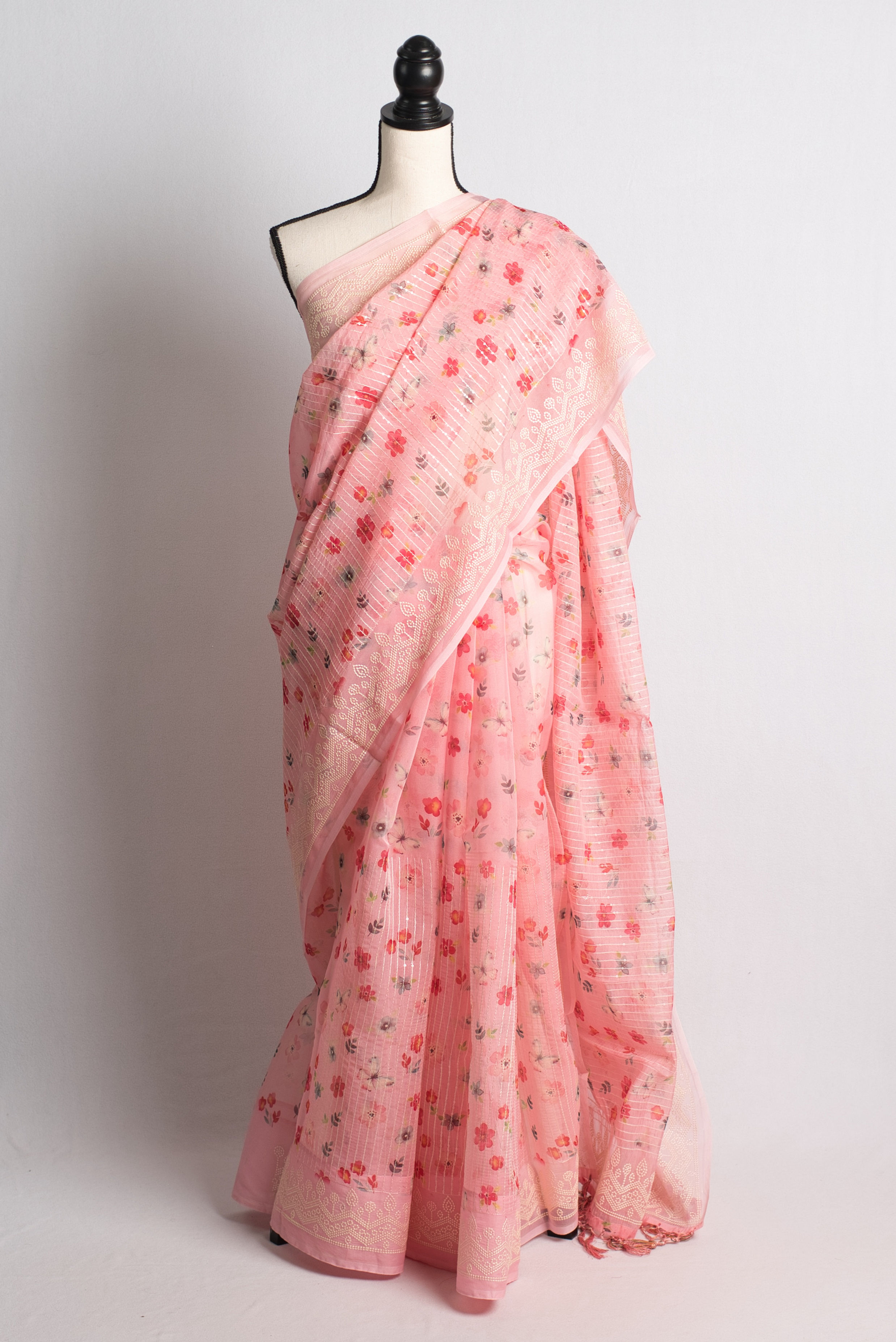 Sequin Work Soft Organza Saree with Embroidery Border in Light Pink