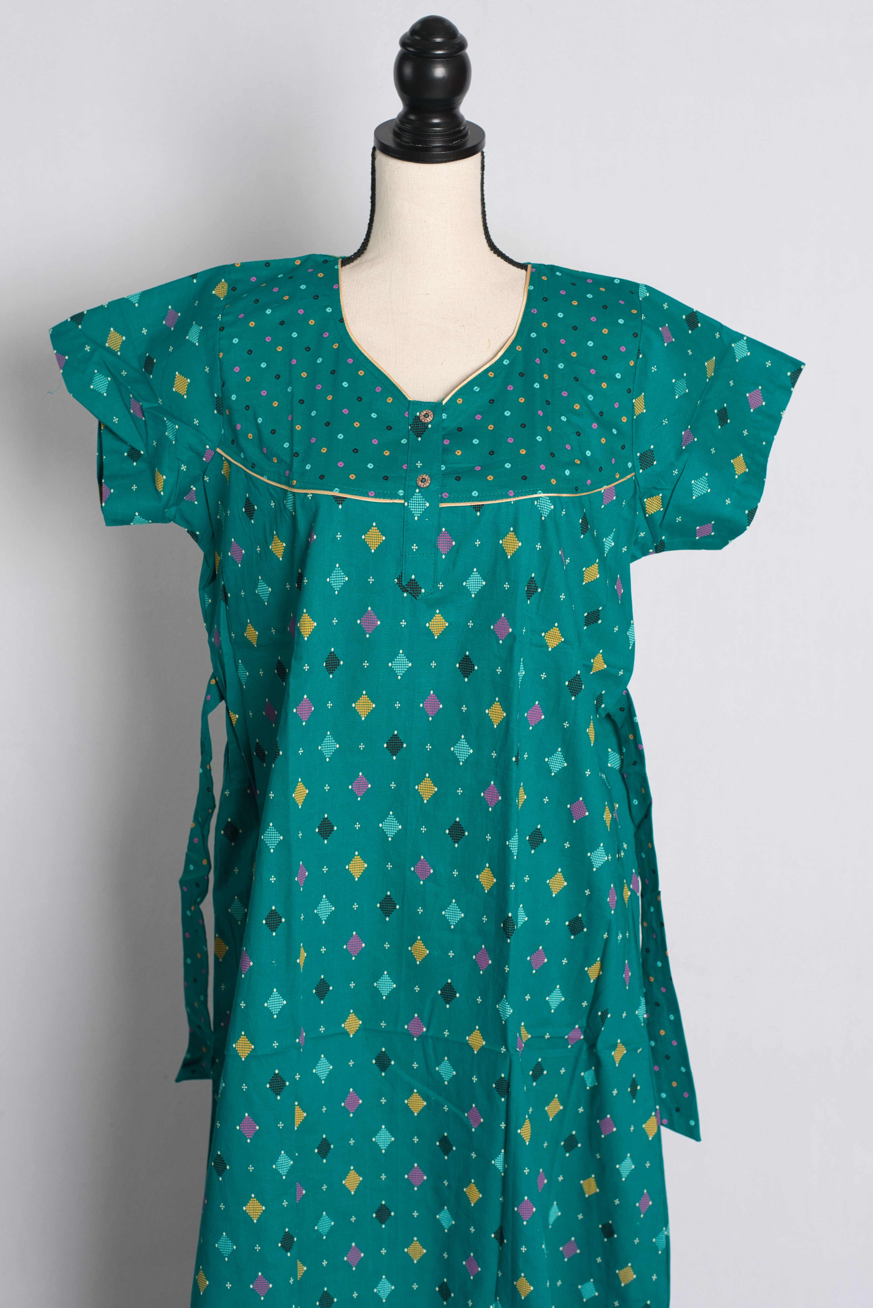 Rama Green Ikkat Print Pure Cotton Indian Women Nighty in Size 2 XL