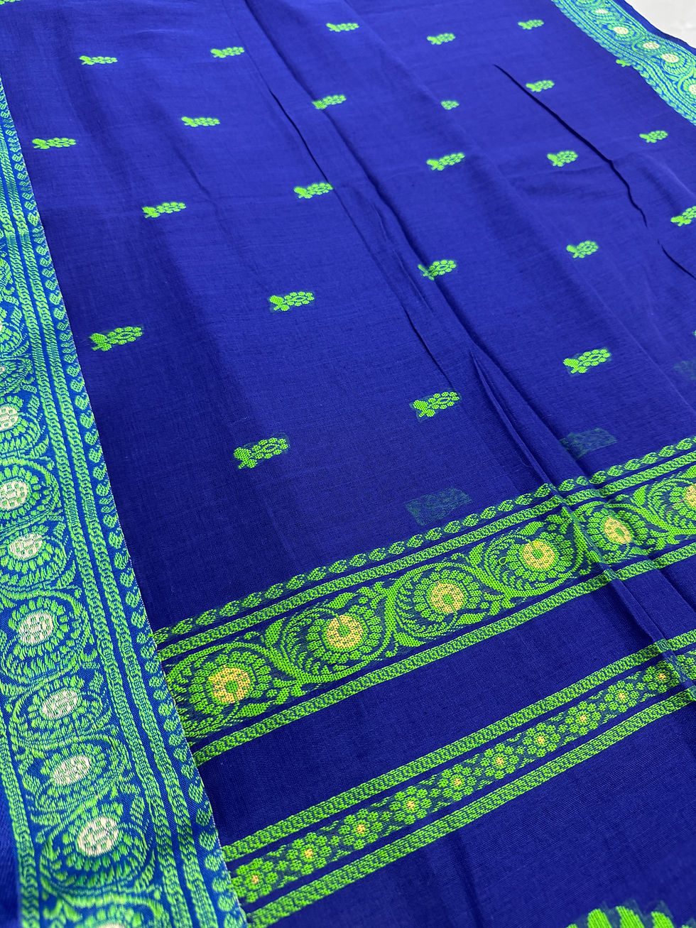 Thumbnail: Blue and parrot green Bengal handloom soft cotton Baluchari saree featuring intricate paisley pallu motifs.