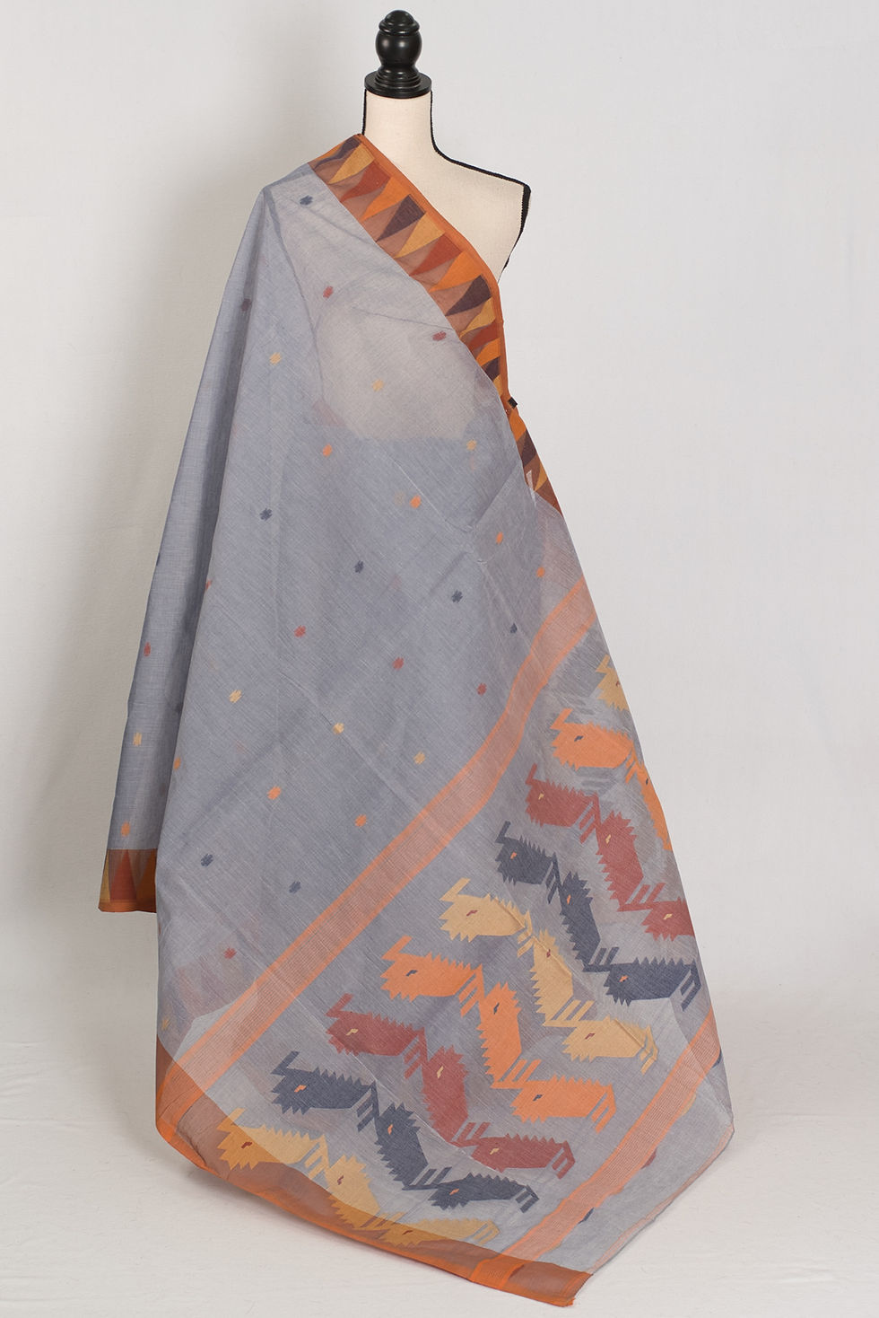 Rai Grey and Brown 100% pure cotton Jamdani saree with temple border design on a mannequin.