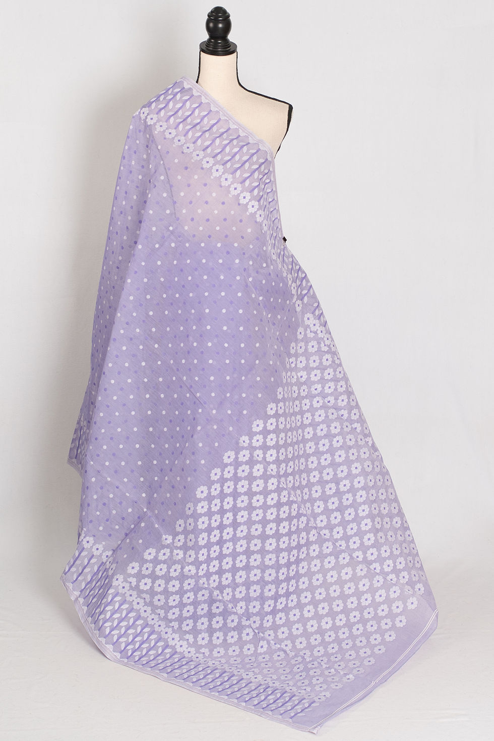 Maya Mauve and White 100% pure cotton Jamdani saree with white floral borders on a mannequin.