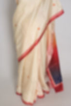 Thumbnail: Traditional Durga Puja semi-silk saree draped to show the pallu, featuring intricate printed illustrations of Goddess Durga.