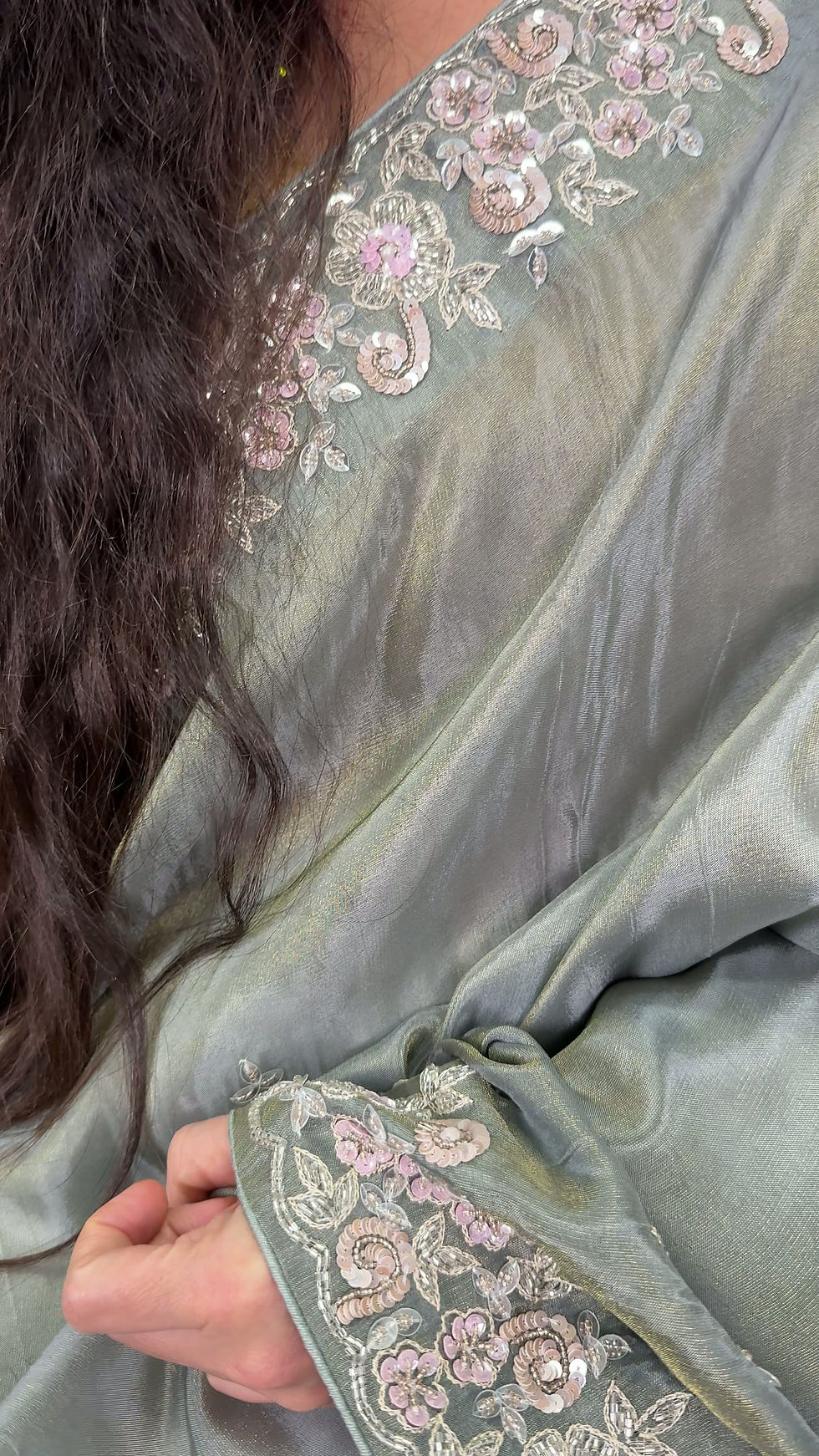 Video of Fariha : Sage Green Hand Embroidered Zardozi Soft Organza Party Wear Saree.