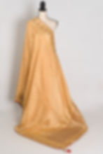 Full length front view of the beige and gold Dola silk Banarasi saree draped on a mannequin.