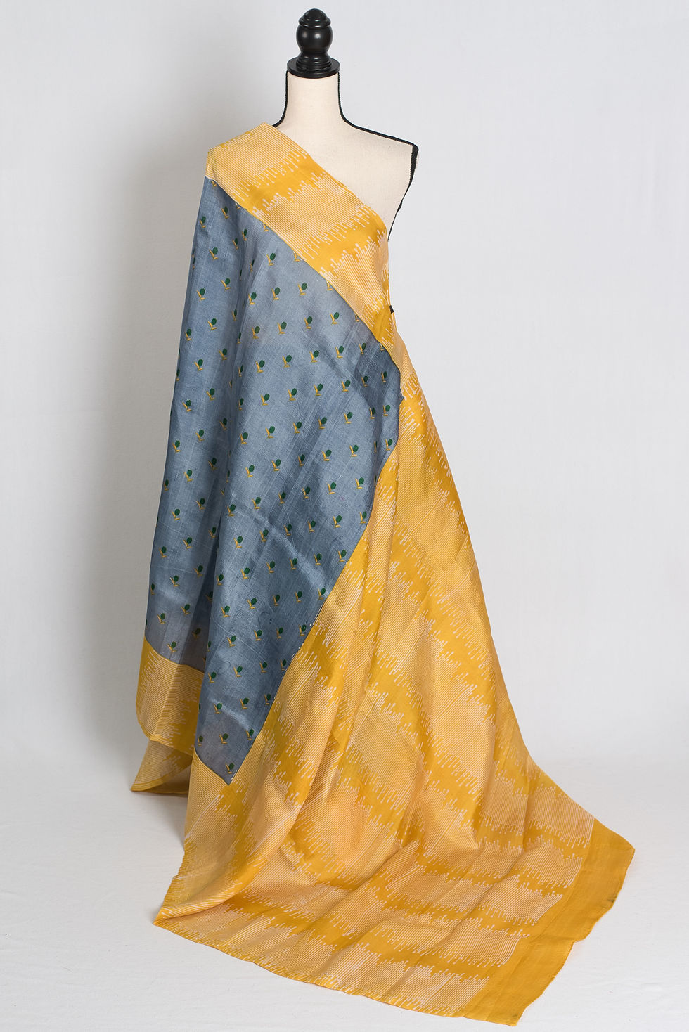 Sanj : Exclusive Hand Block Printed Bishnupur Silk Saree in Grey and Yellow