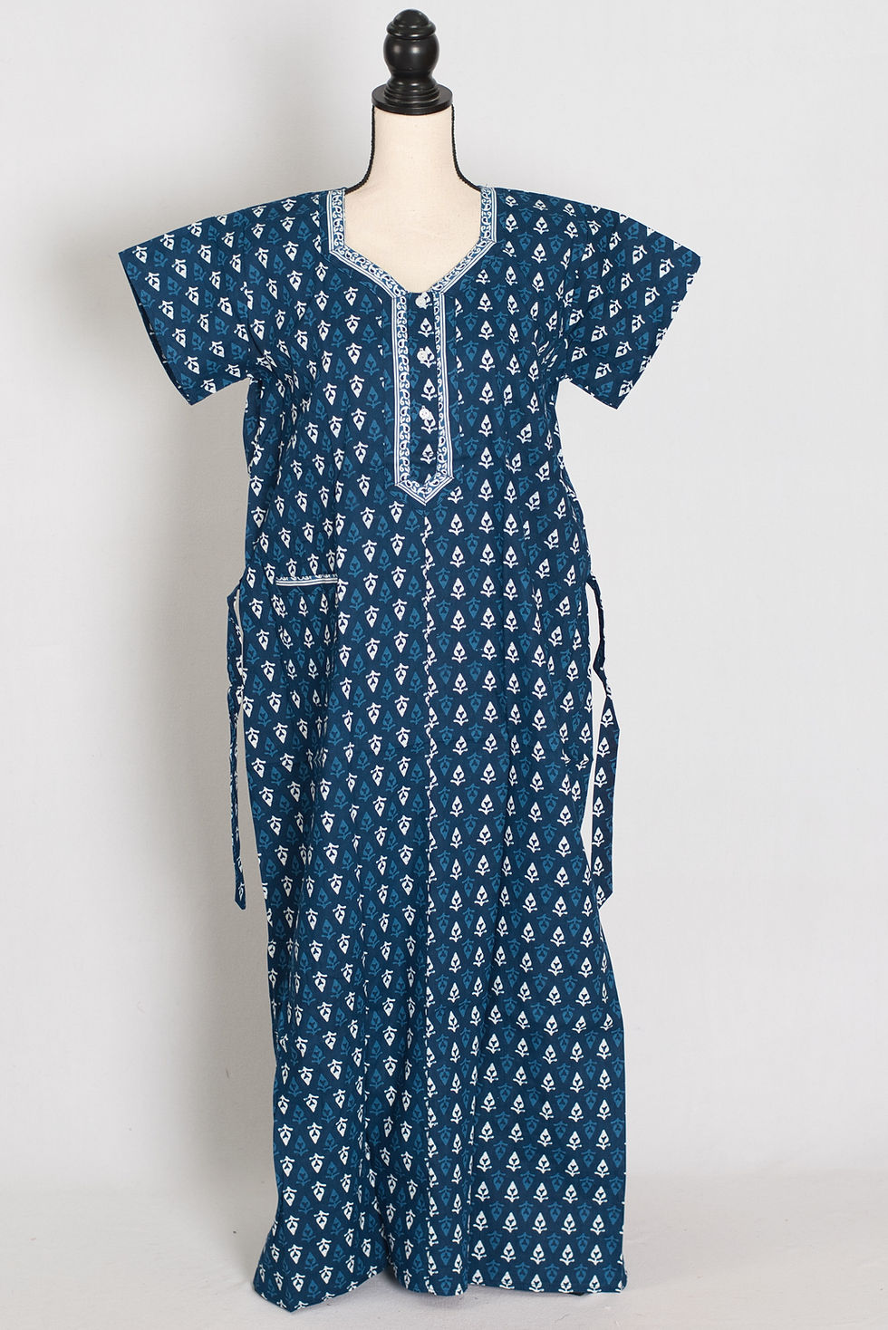 Indigo Blue Leaf Block Print Pure Cotton Indian Nightgown