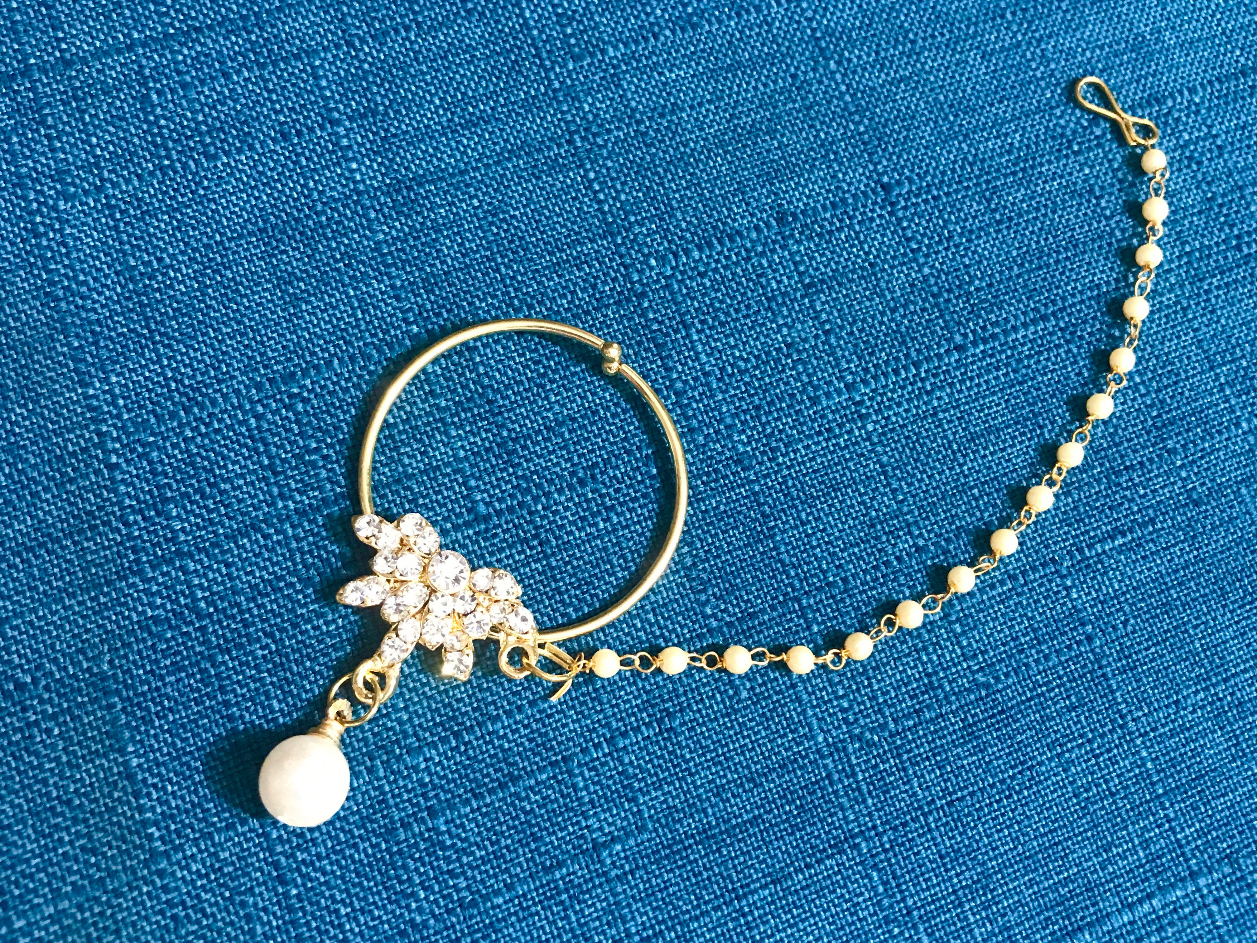 Stone Setting Nose Ring with Small Chain
