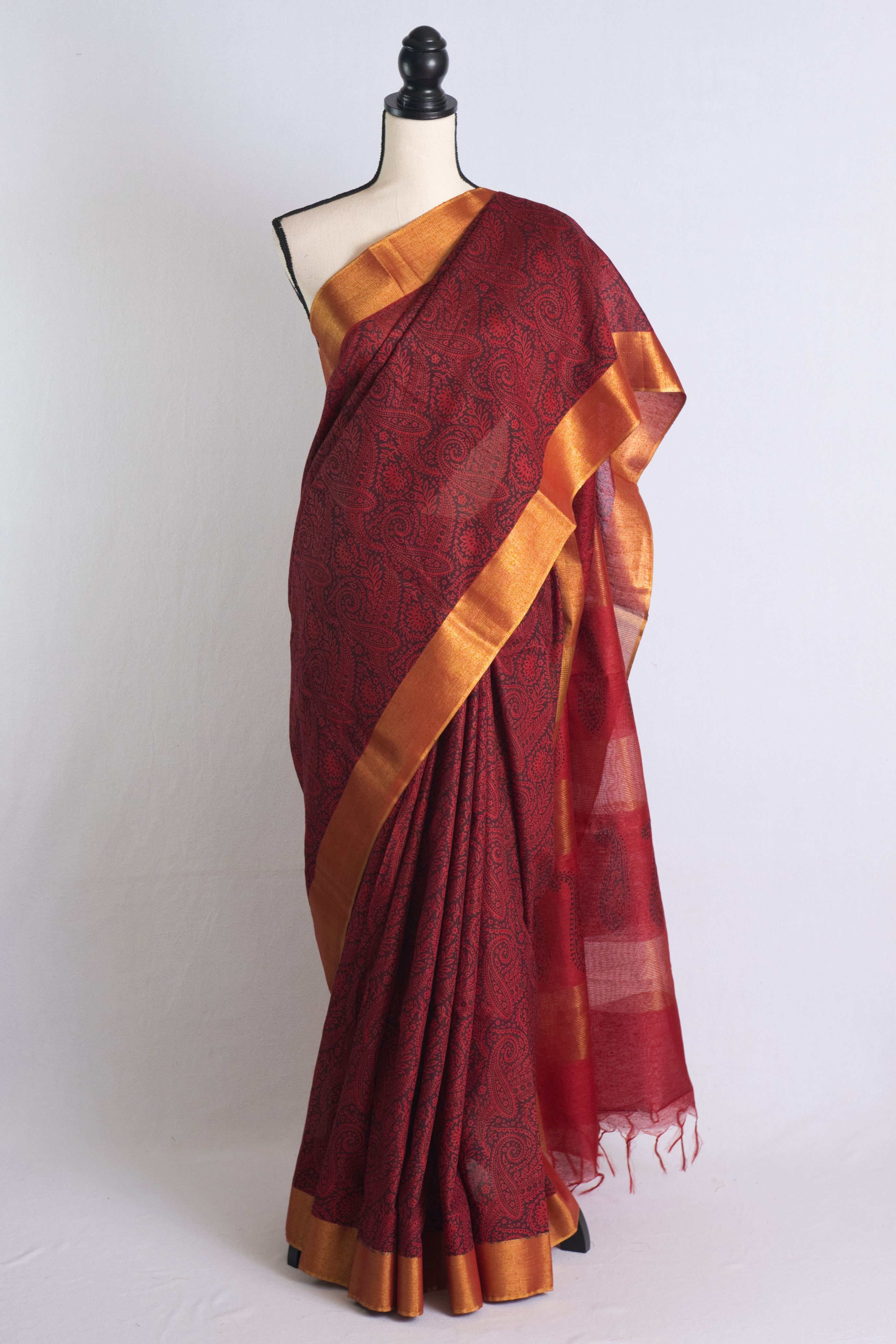 Baswara Tussar Block Printed Saree in Dark Red and Black