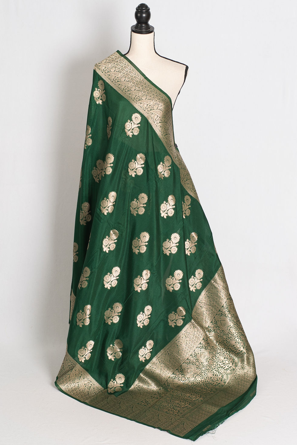 Dark Green Semi Crepe Banarasi Saree with Water Gold Zari - Bengal Looms Edison New Jersey.