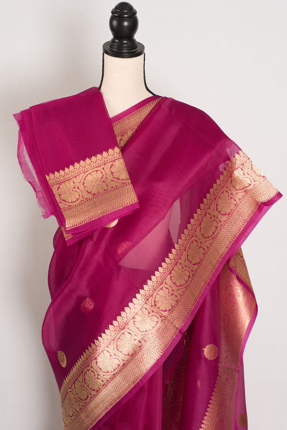 Thumbnail: purple and gold kora organza banarasi saree featuring hand woven chand sitara motifs on a mannequin drape.