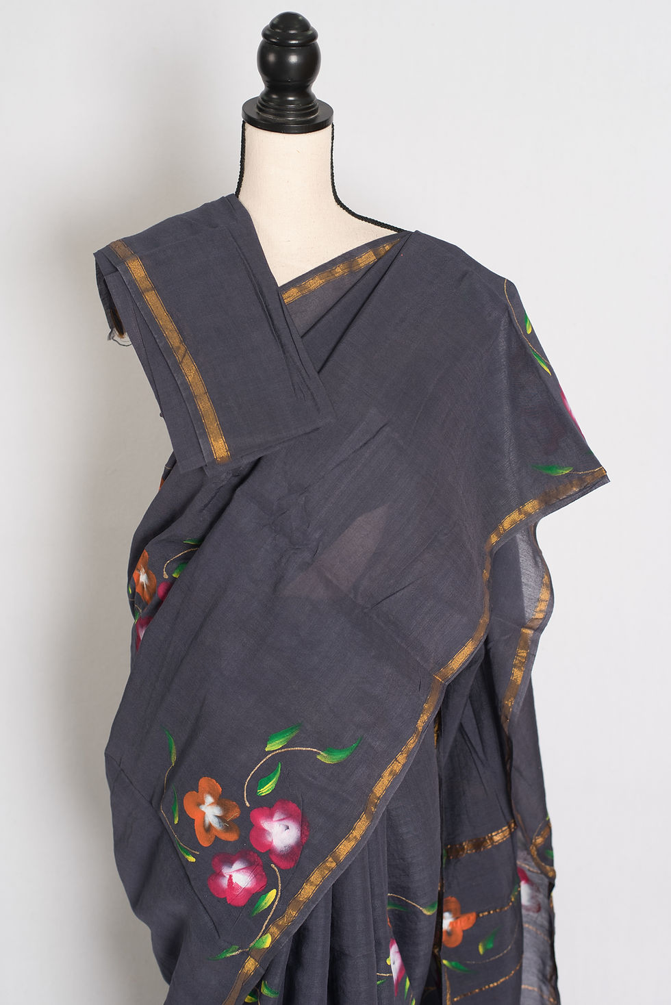 Thumbnail: Rama-Dark-Grey-Gold-Handpainted-Chanderi-Cotton-Saree-Indian-Wear