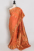 Thumbnail: Front full-length view of the vibrant orange and green handwoven Bishnupuri Swarnachari pure silk saree draped on a mannequin