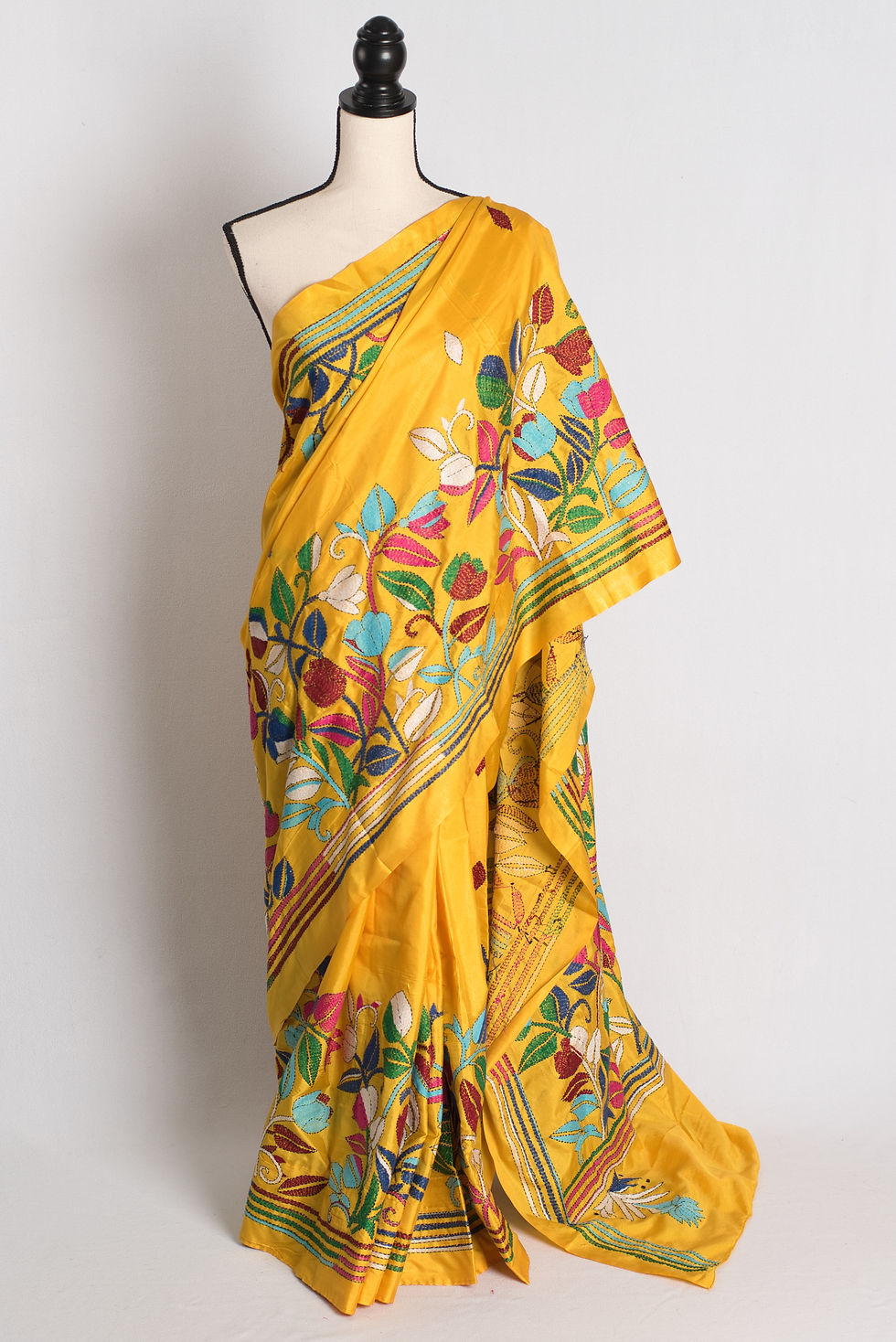 Alor Rong - Bright Yellow Blended Silk Hand Embroidered Kantha Stitch Saree