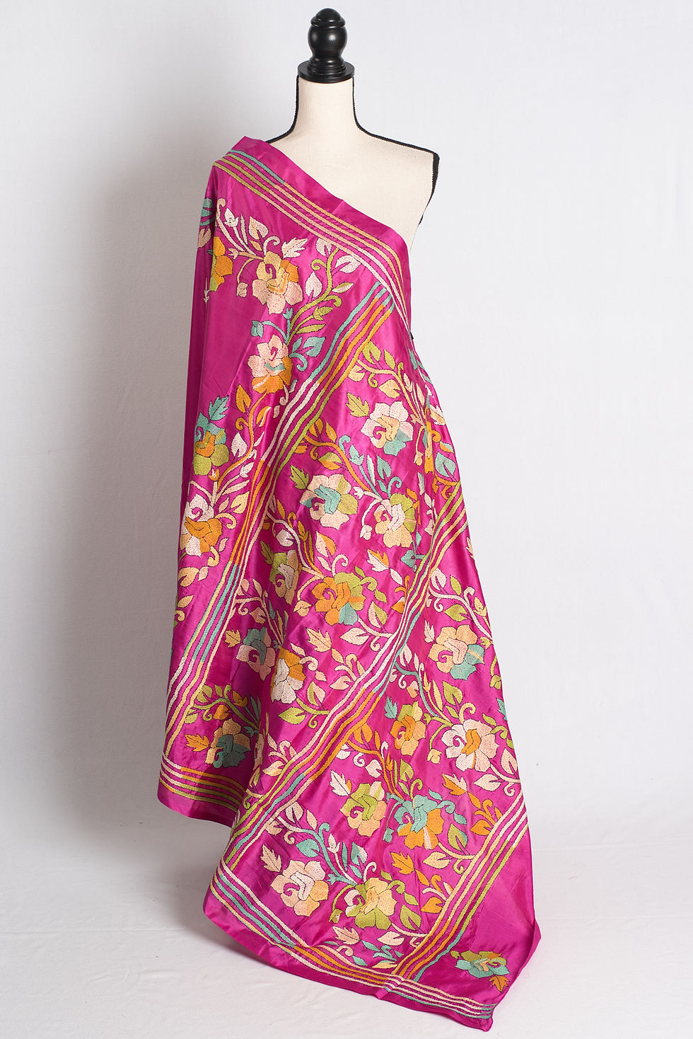 Fuchsia Glory - Pink Hand Embroidered Blended Silk Kantha Saree