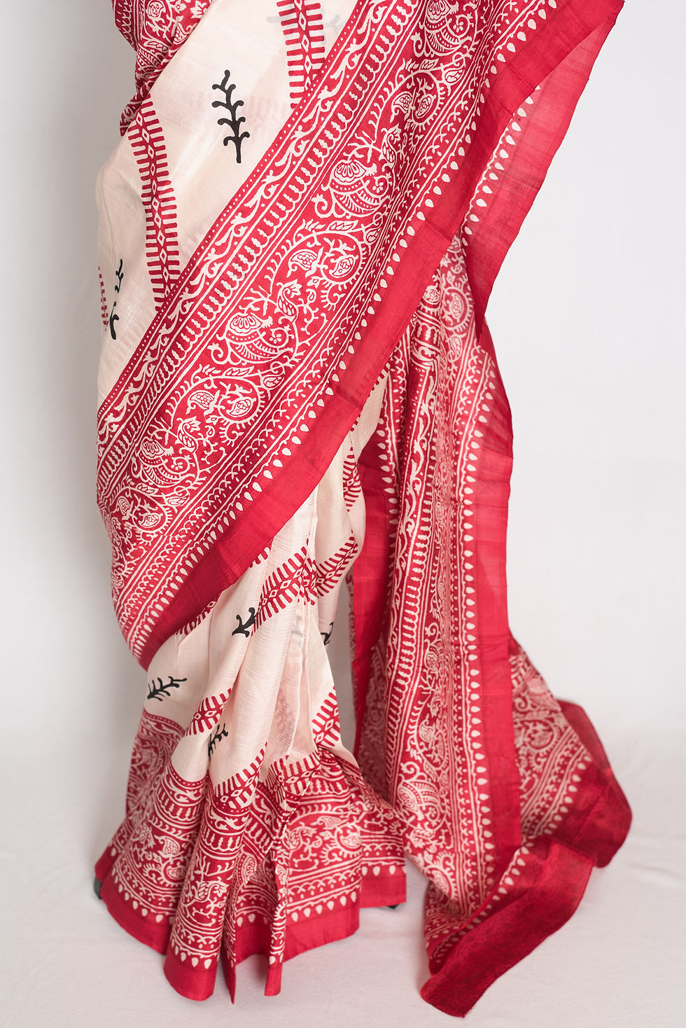 Thumbnail: Off-white and red Bengali traditional printed Murshidabad pure silk saree with paisley borders, diamond mandala pallu.