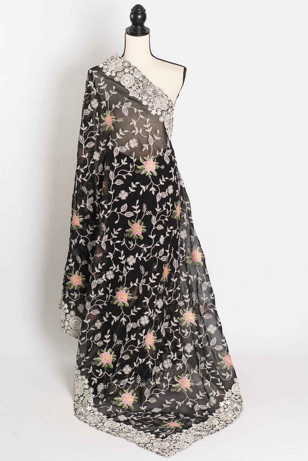 Black georgette designer saree; elegant embroidery for cocktail parties. Lightweight evening wear shipped from USA.