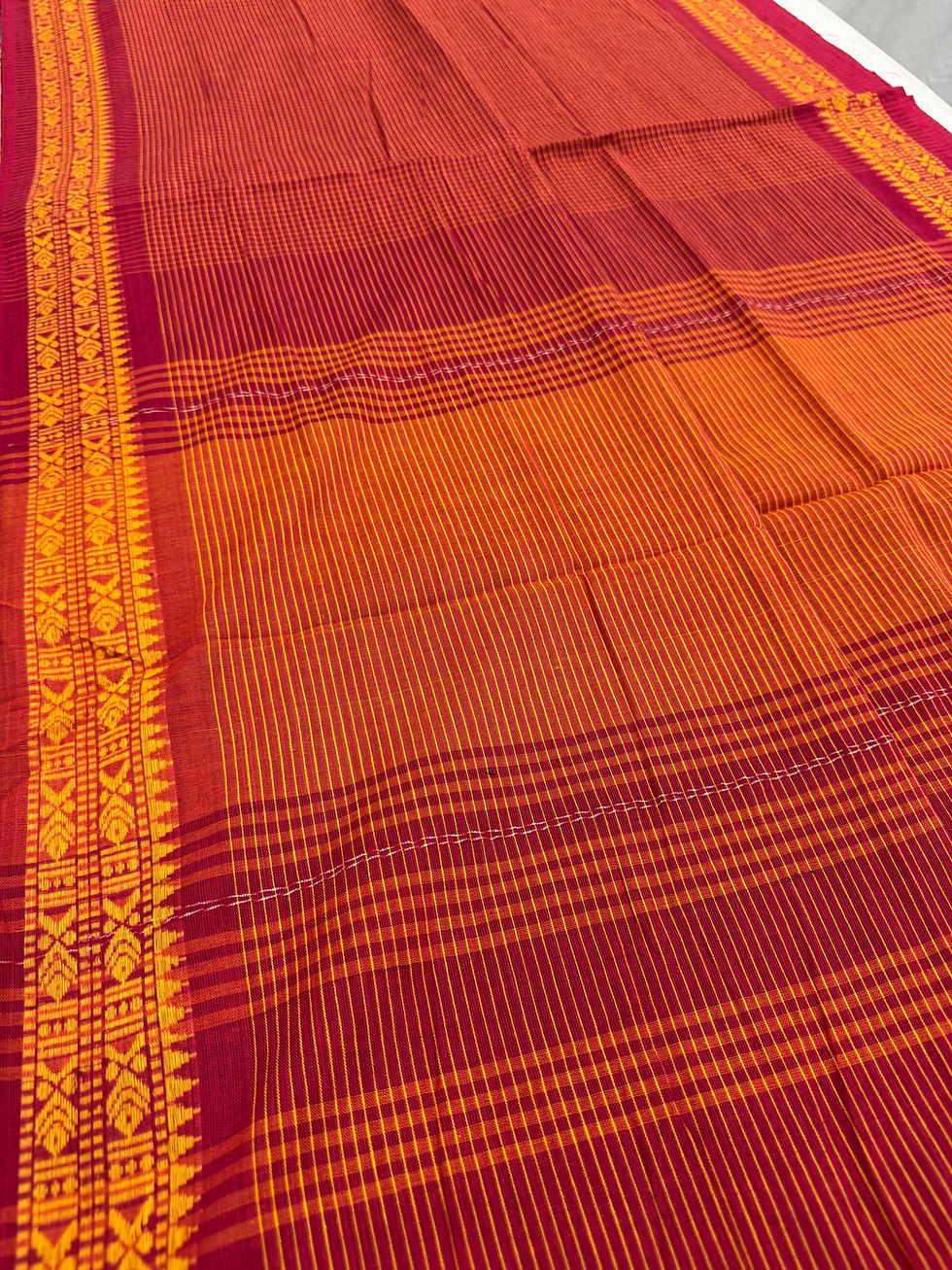 Red and yellow micro-check pure cotton Bengal handloom Dhaniakhali saree with an ornate yellow woven border.