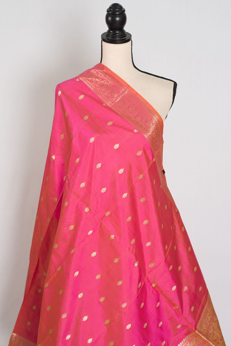 Thumbnail: Peach and gold pure katan silk Banarasi saree with floral zari work with stitched blouse.