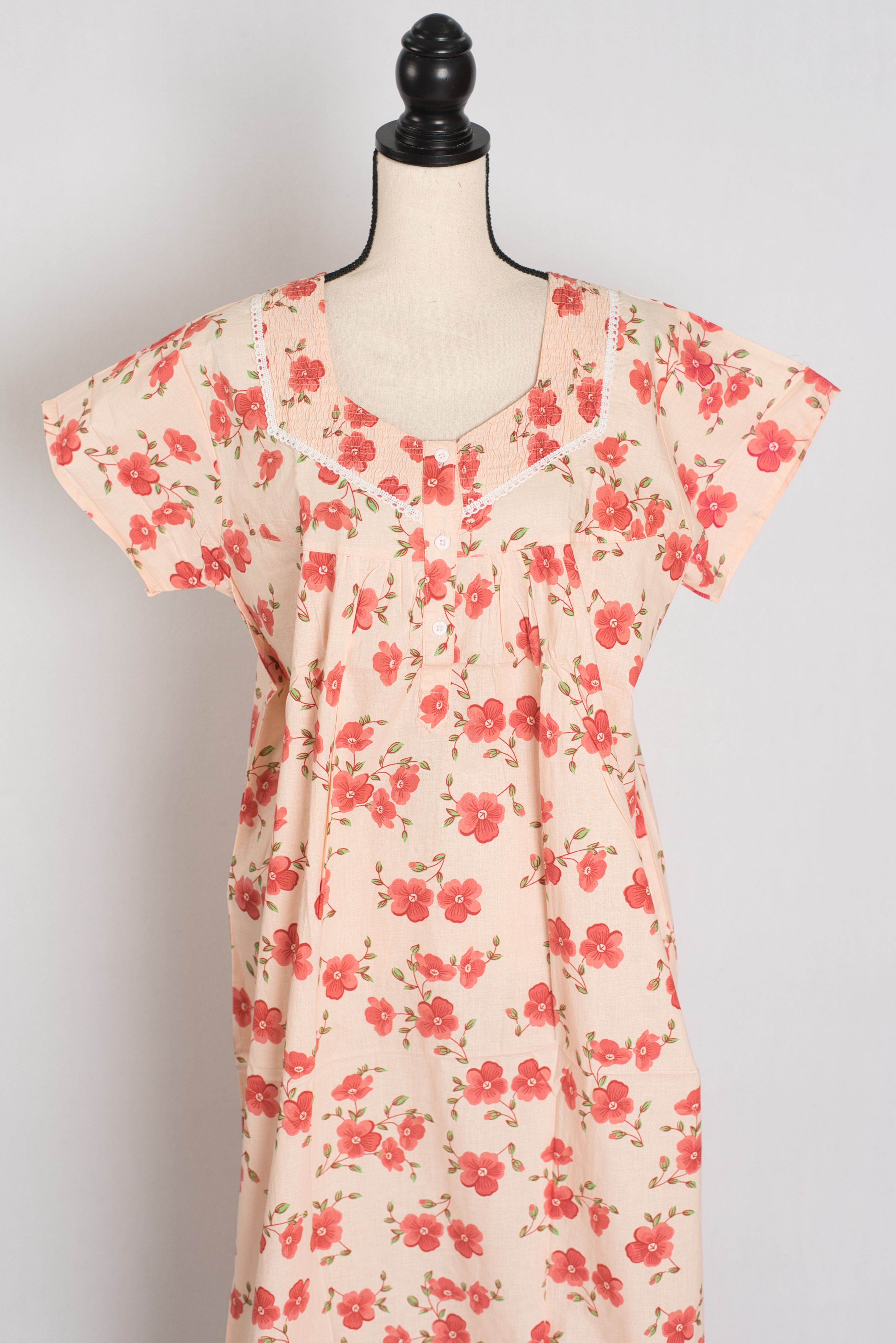 Floral Printed Pale Orange Women Indian Cotton Nighty in Regular Size