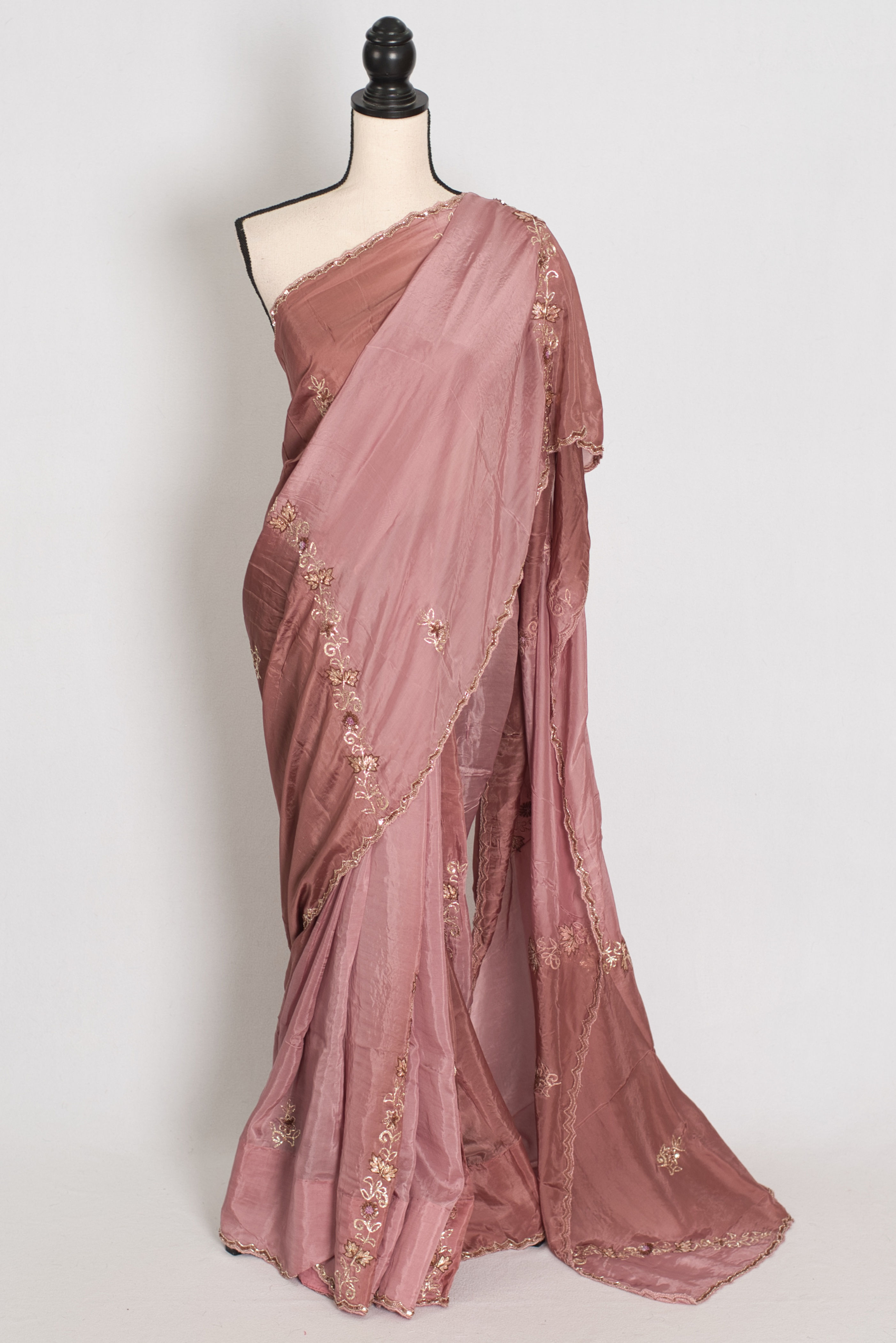 Nidhi shaded brown organza silk saree with delicate hand-embroidery and a size 36 professionally stitched blouse.