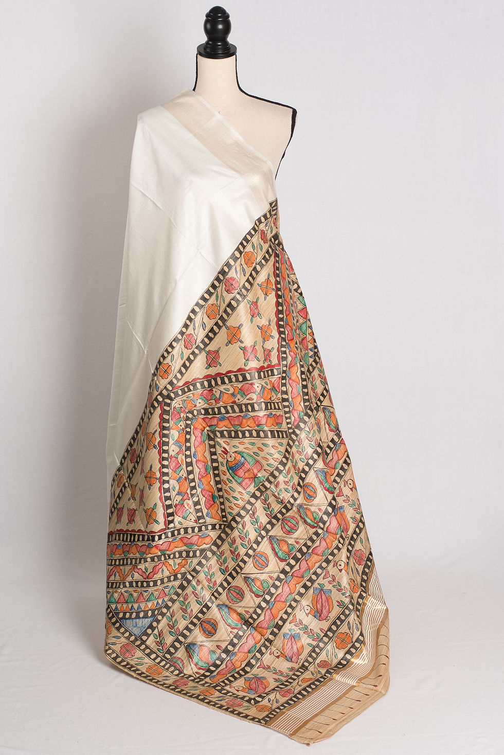 Shwetraag -  Hand-Painted Madhubani Staple Tussar Saree in Pristine White