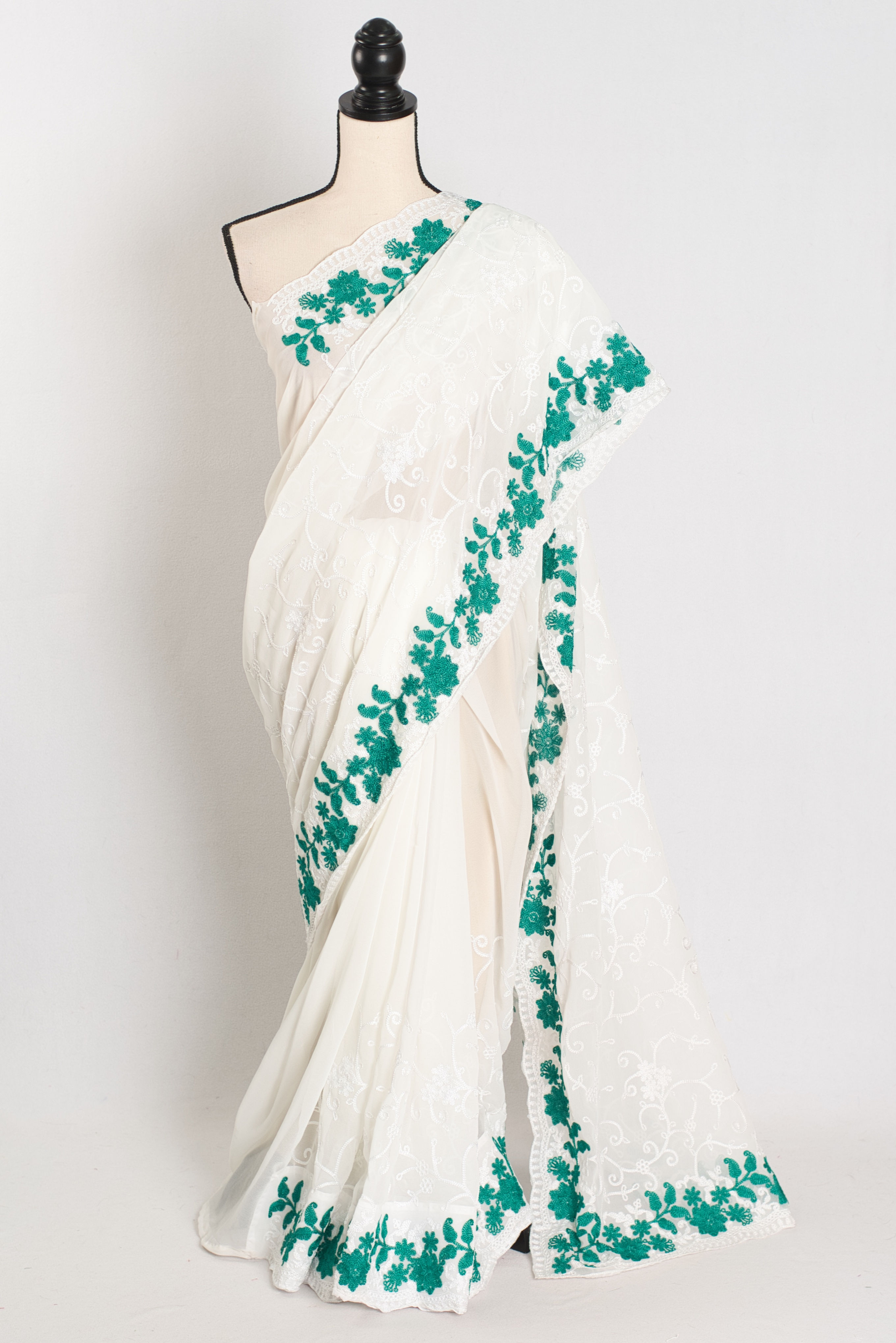 Afrin : Georgette Embroidery Designer Saree in Off White and Green