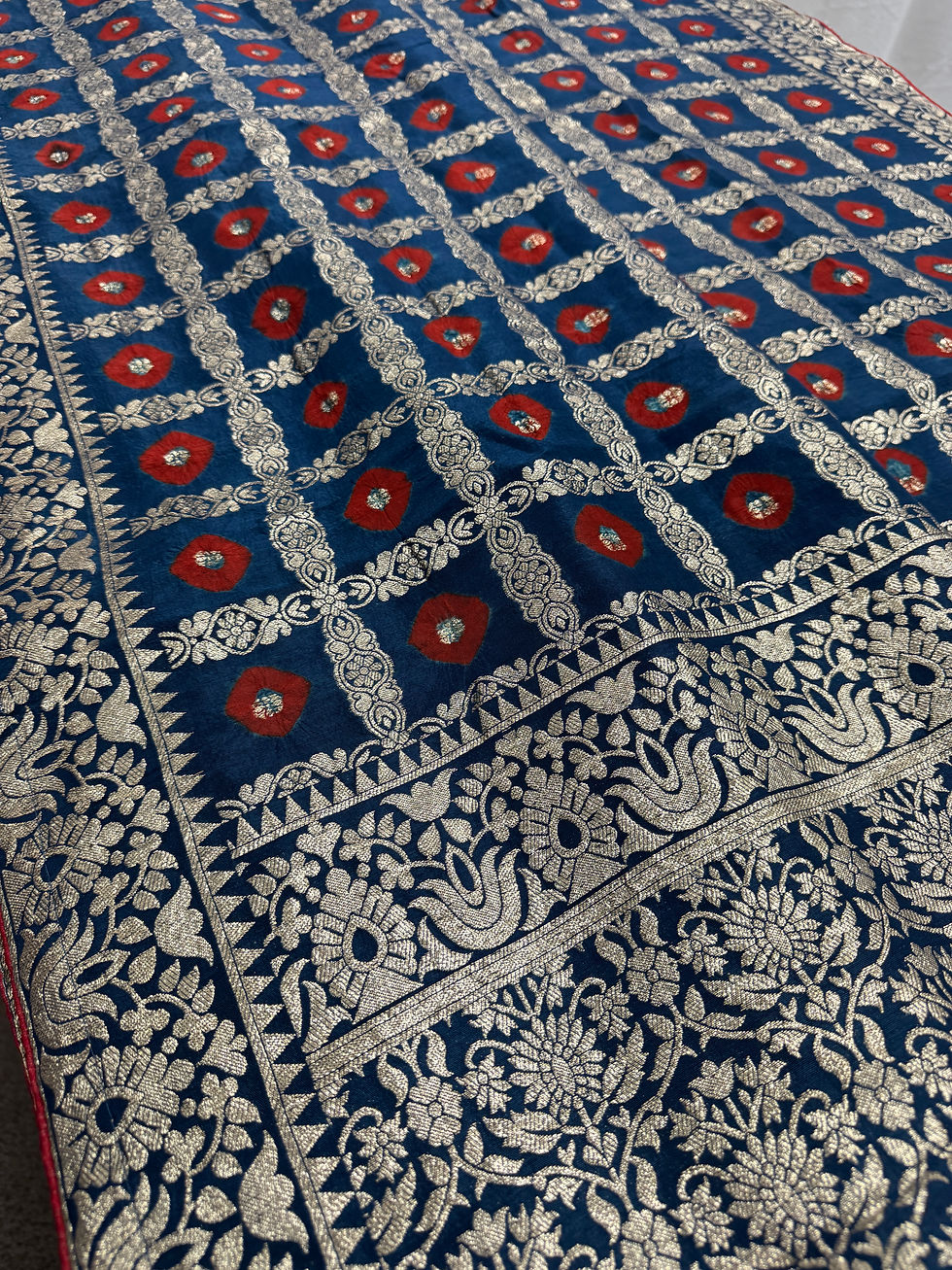 Close-up of the Parul dark blue dola silk saree body, highlighting the silver zari check grids, red center blocks .