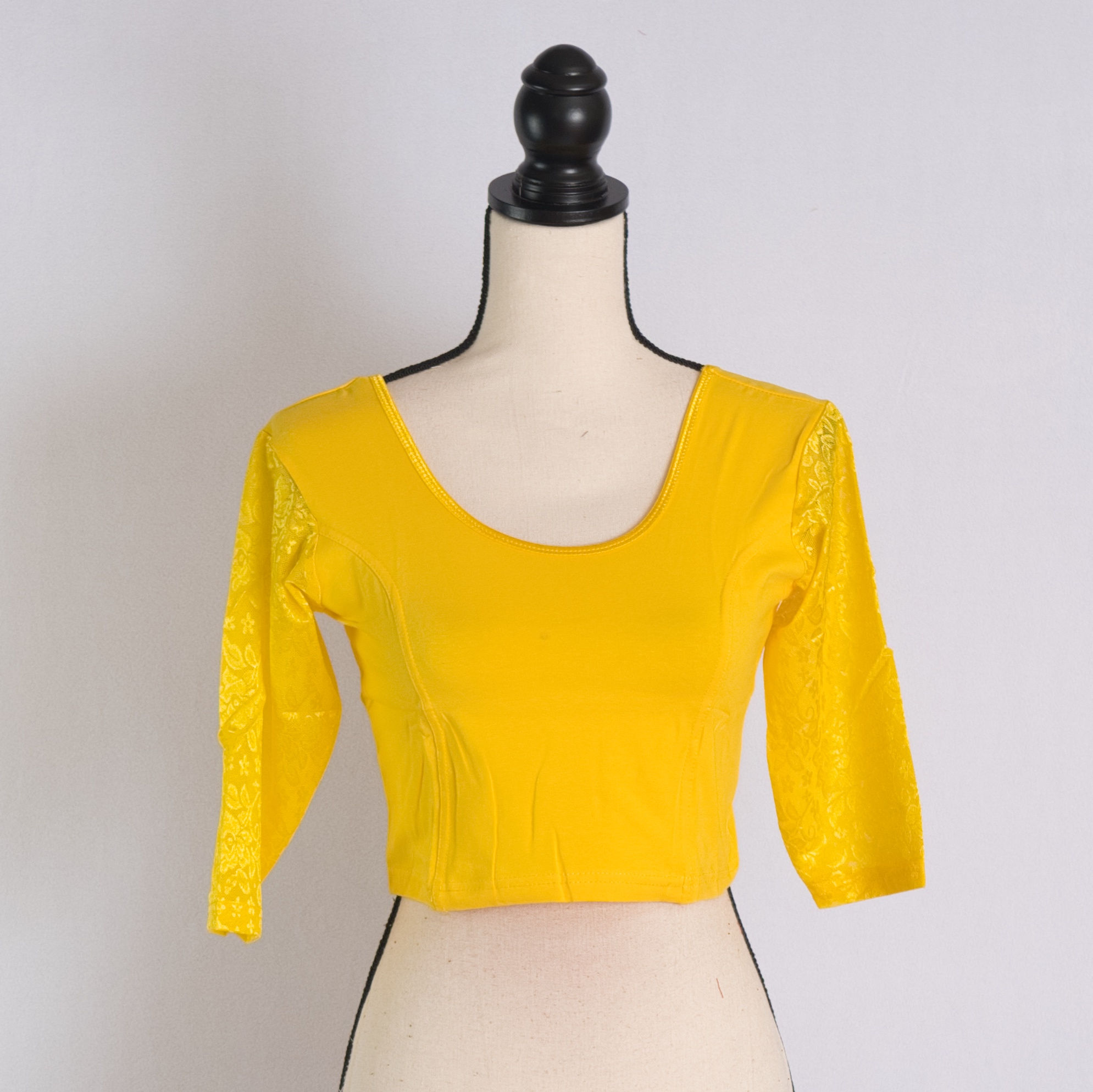 Lycra Stretchable Readymade Saree Blouse with Lace Sleeves in Bright Yellow