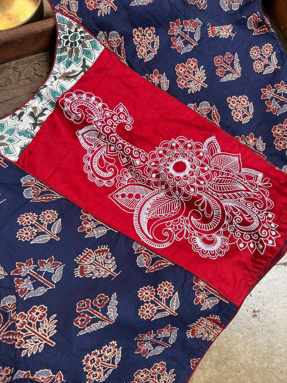 Thumbnail: Cotton Ajrakh Saree Blouse with Embroidery Blouse in Size 44