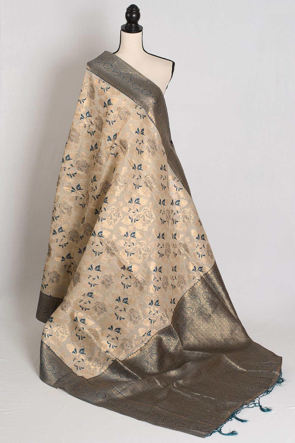 Jamini: Budget Friendly Blended Cotton Banarasi Saree in Beige and Blue