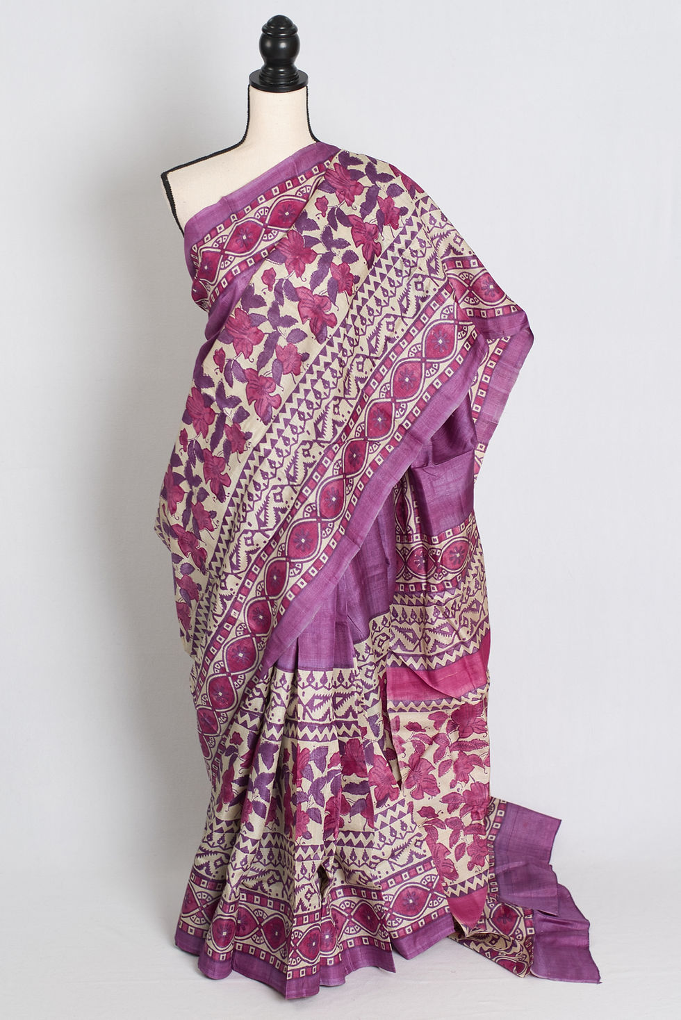 Girija : Premium Quality Hand Block Printed Lavender Tussar Silk Saree