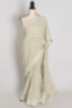 Full layout view of the sage green georgette partywear saree, showcasing the uniform rows of same-color embroidery.