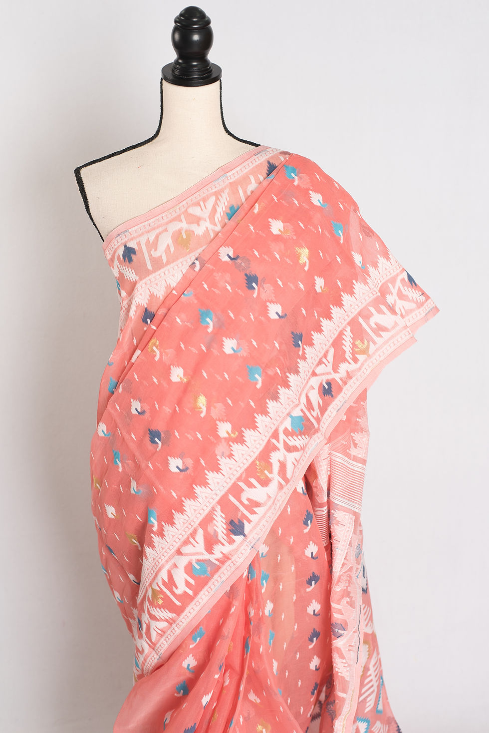 Thumbnail: Bina : Peach and White Blended Soft Cotton Jamdani Bengali Saree