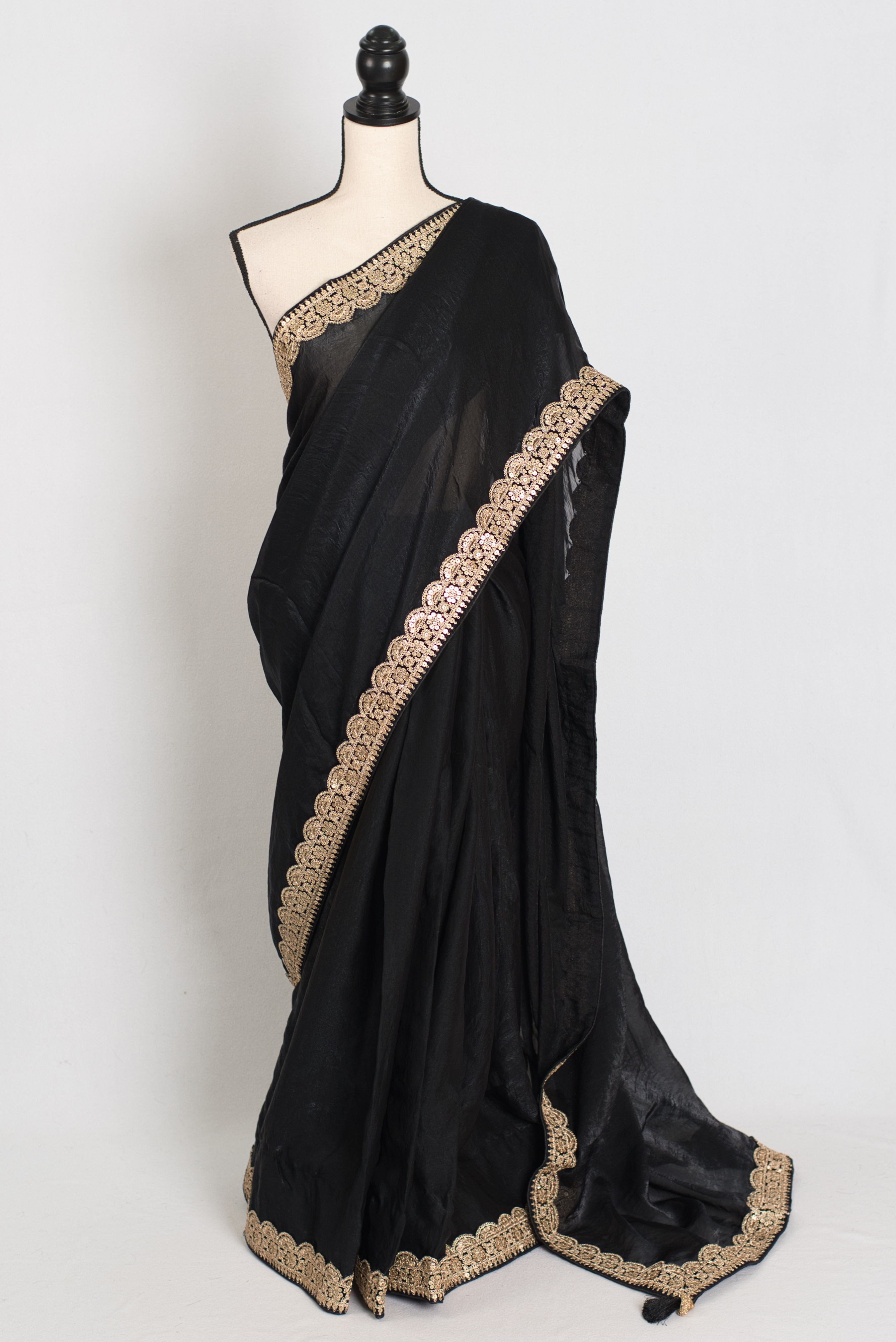 Farah : Designer Glass Tissue Black Partywear Saree with Patched Gold Border