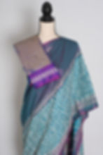 Thumbnail: Tri-color Bishnupur blended silk saree featuring hand embroidered white Kantha stitch diamond patterns.