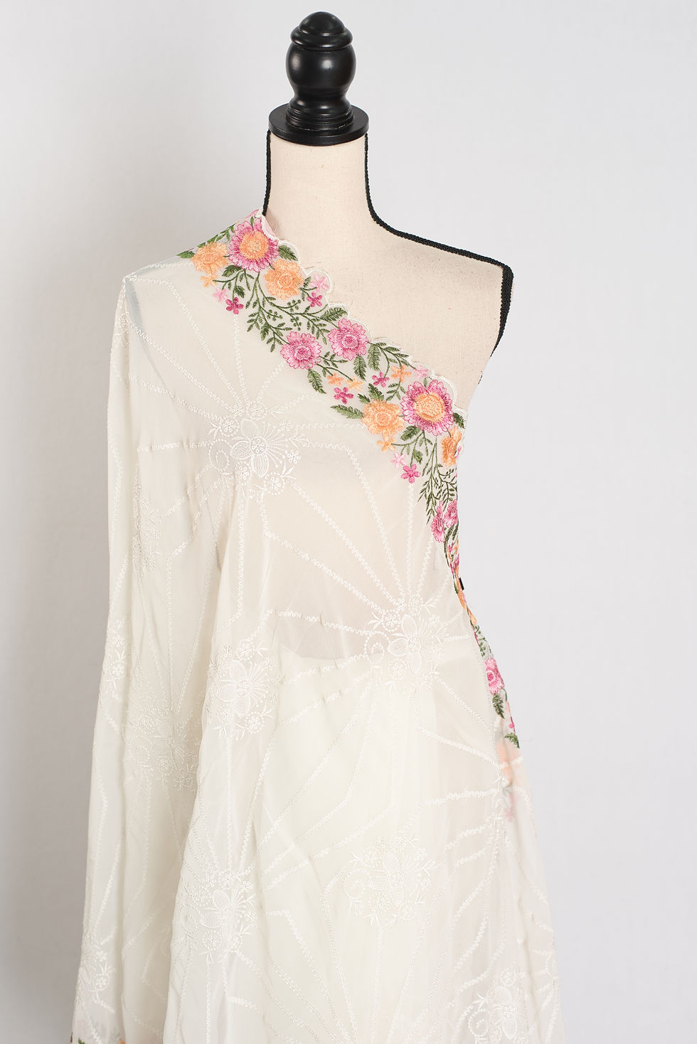 Thumbnail: Farheen : Georgette Embroidery Designer Saree in Off White
