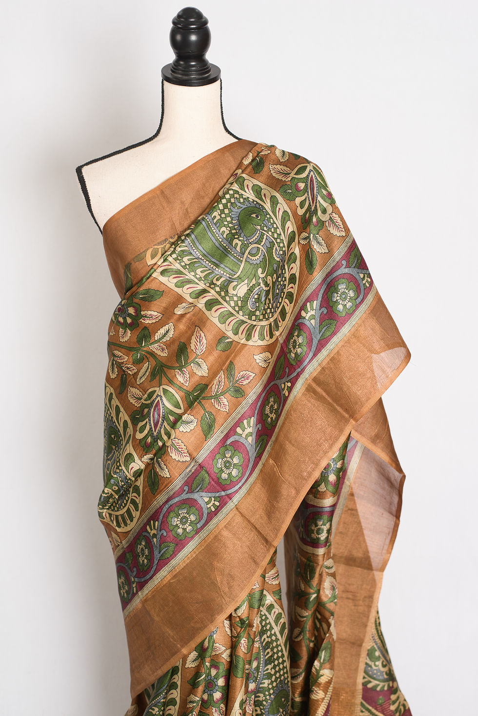 Thumbnail: Rama-Brown-Kalamkari-Tussar-Silk-Saree-Silk-Mark-Certified-Authentic