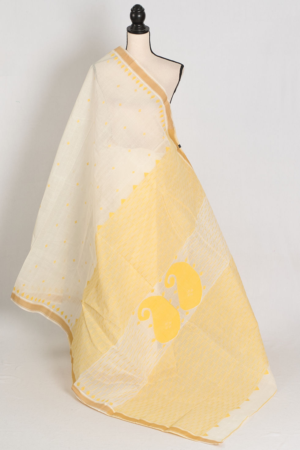 Thumbnail: Premium Gauri collection Off-White and Yellow Bengal Handloom Cotton Jamdani Saree.
