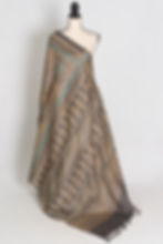 Arushi Tussar Silk Saree featuring beige and matte blue geometric Ajrakh hand block prints on a mannequin.