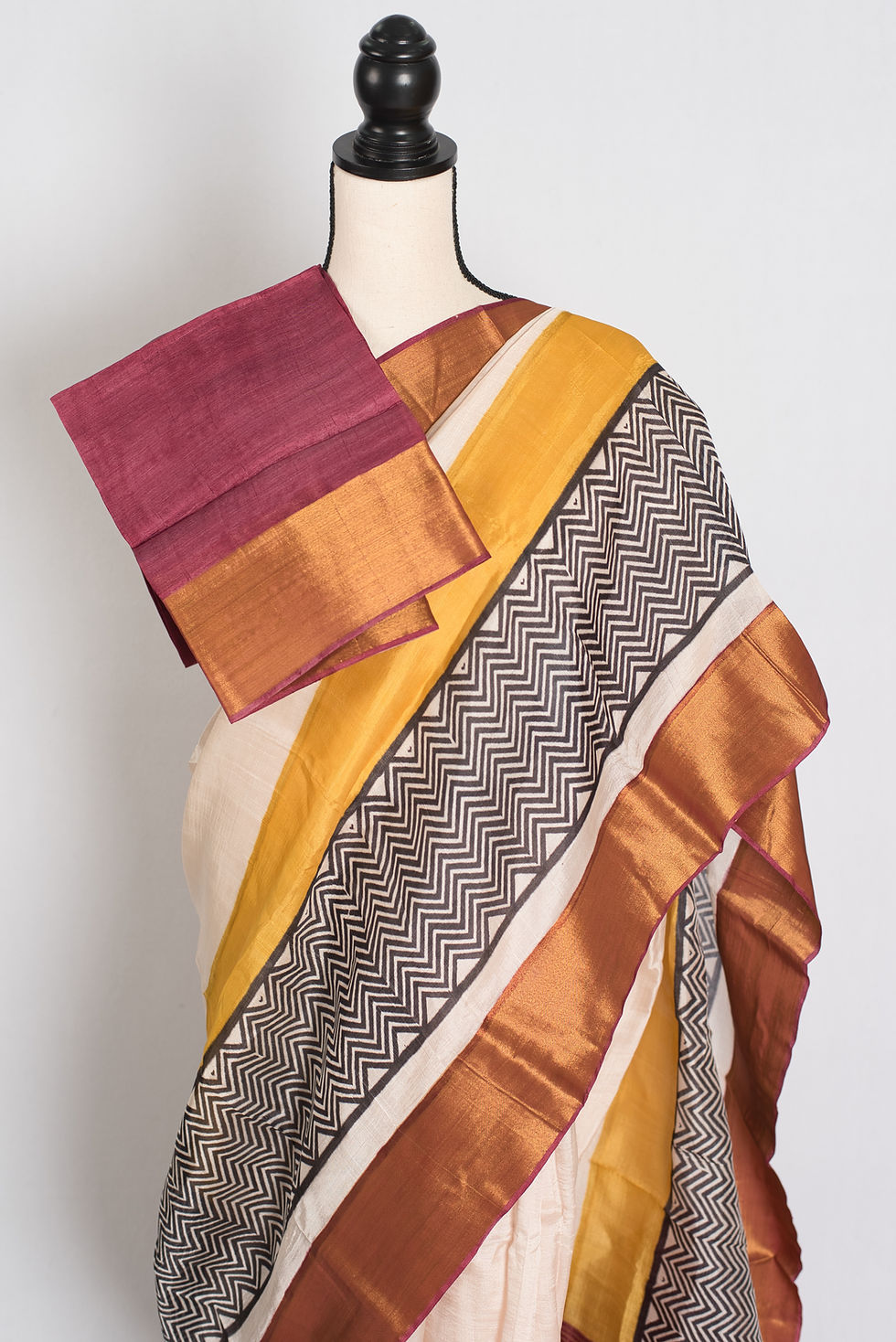 Thumbnail: Subhra : Hand Block Printed Matka by Tussar Silk Saree in Cream and Brown