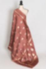 Gracy brown and gold lightweight Katan Banarasi silk saree with intricate Bentex metallic border and floral buttas.