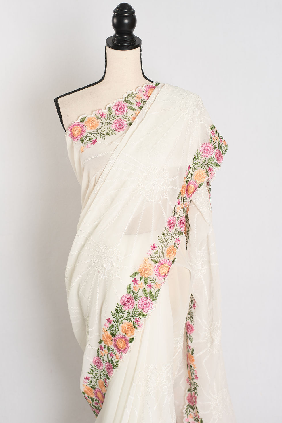 Thumbnail: Farheen : Georgette Embroidery Designer Saree in Off White